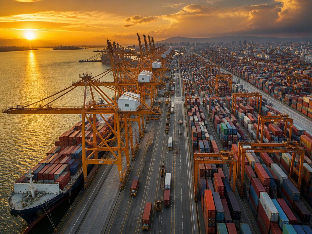 Port cranes loading containers at sunset