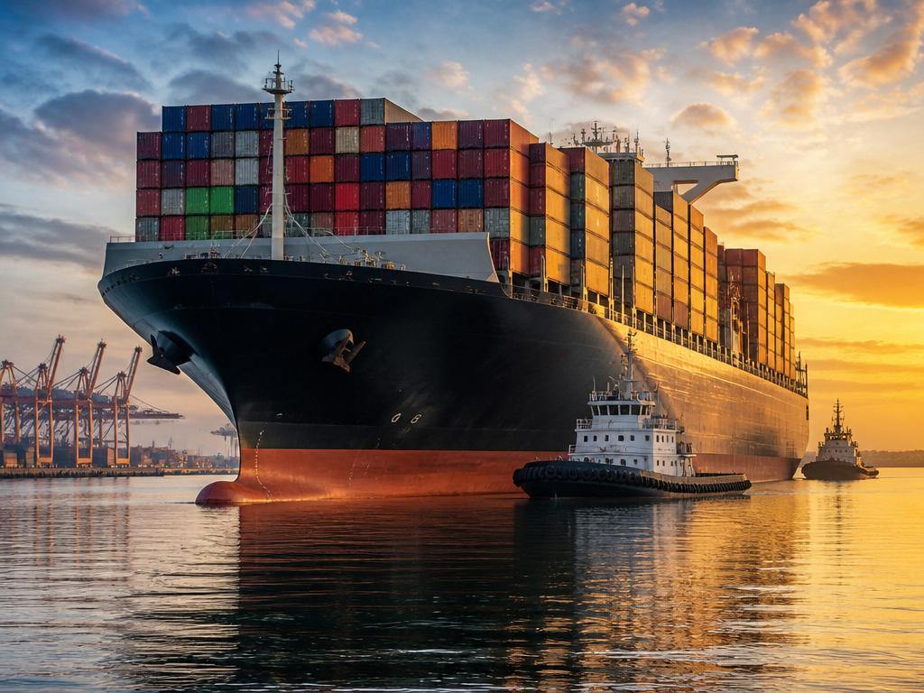 Ocean container ship arriving at sunrise